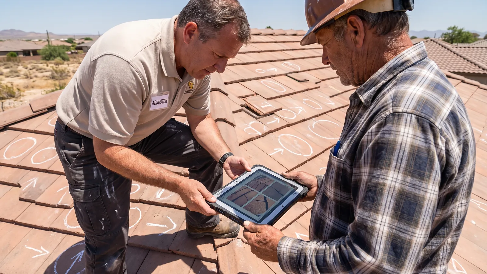 Insurance adjuster and roofer reviewing damage photos on a tablet on a concrete tile roof
