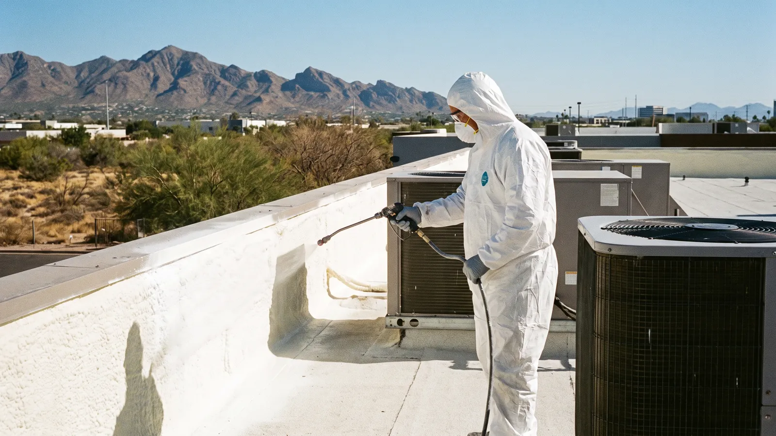 Crew spraying silicone coating on a flat commercial foam roof in the West Valley
