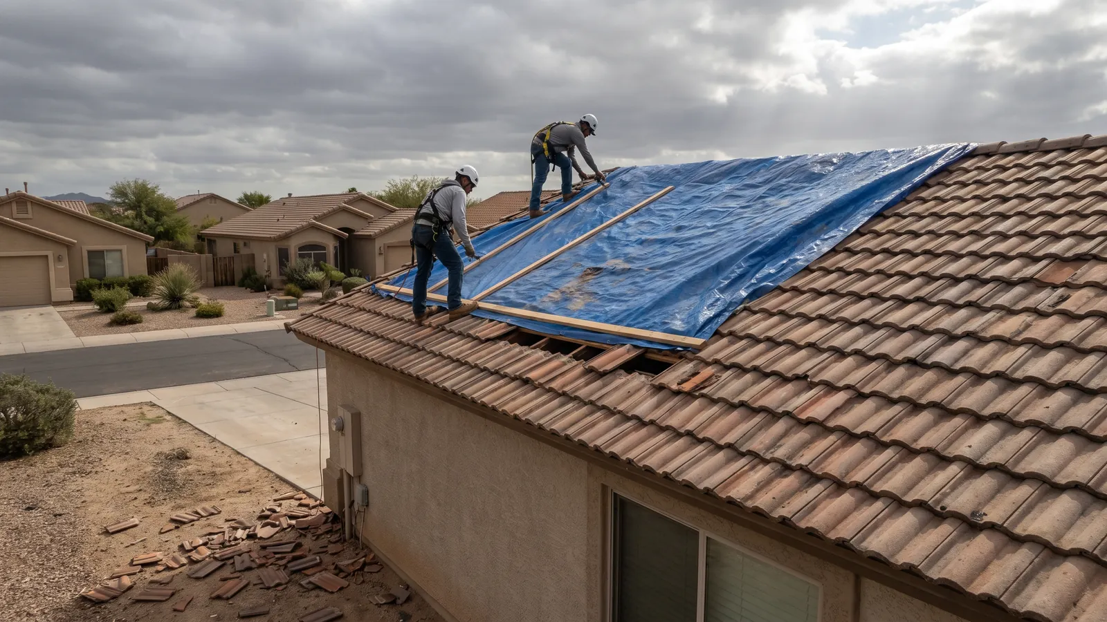 Roofers securing an emergency tarp over monsoon wind damage on a concrete tile roof
