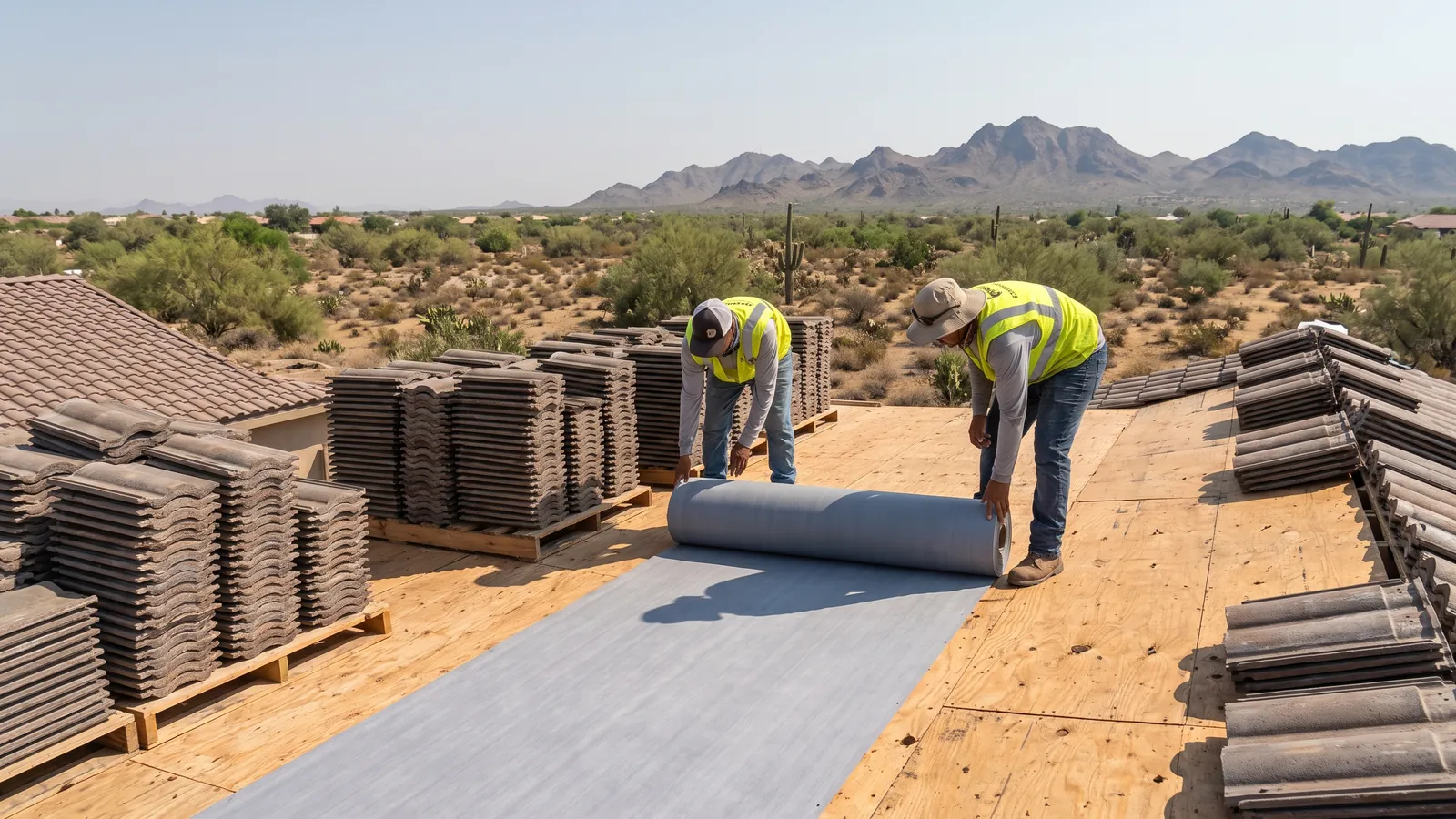 Concrete tiles stacked on the roof while a crew rolls out new synthetic underlayment during a lift-and-relay in Surprise