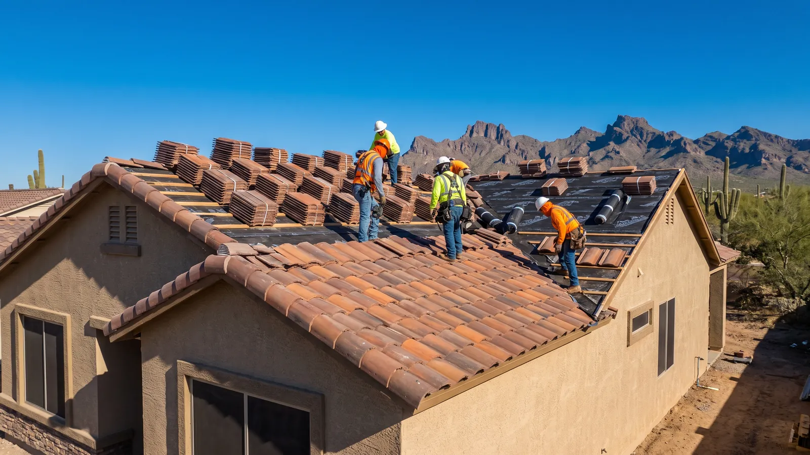 Roofing crew re-laying concrete S-tile on a single-story stucco home in Surprise, Arizona, with the White Tank Mountains behind